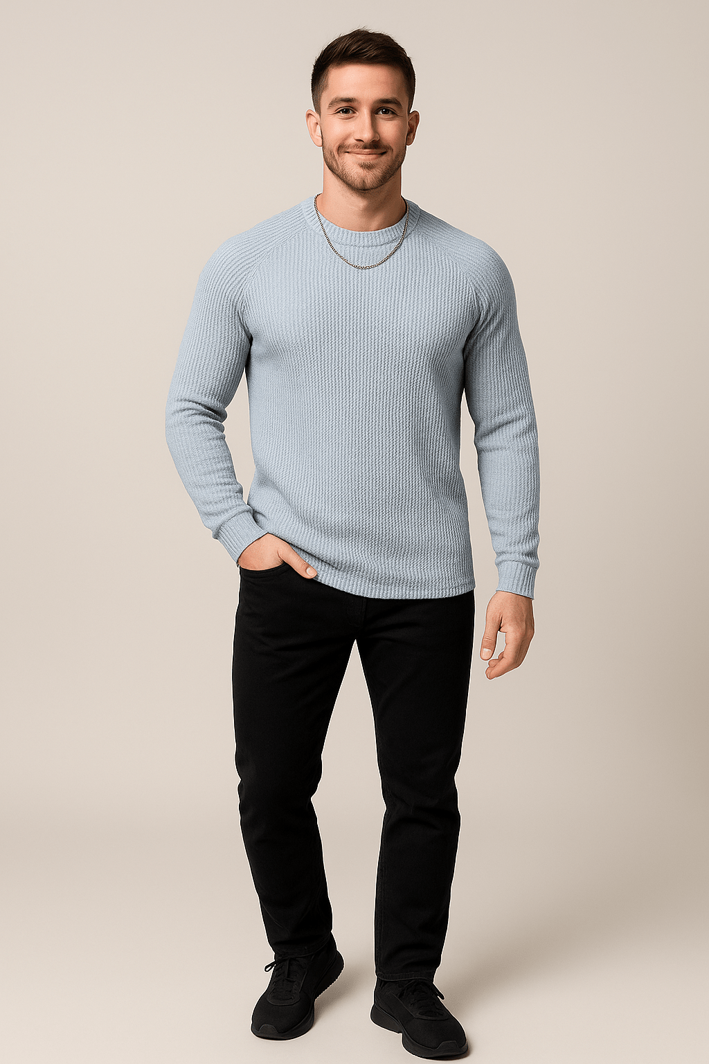 Men's Ribbed Knit Crewneck Sweater - Slim Fit Casual Knitwear for Everyday Wear