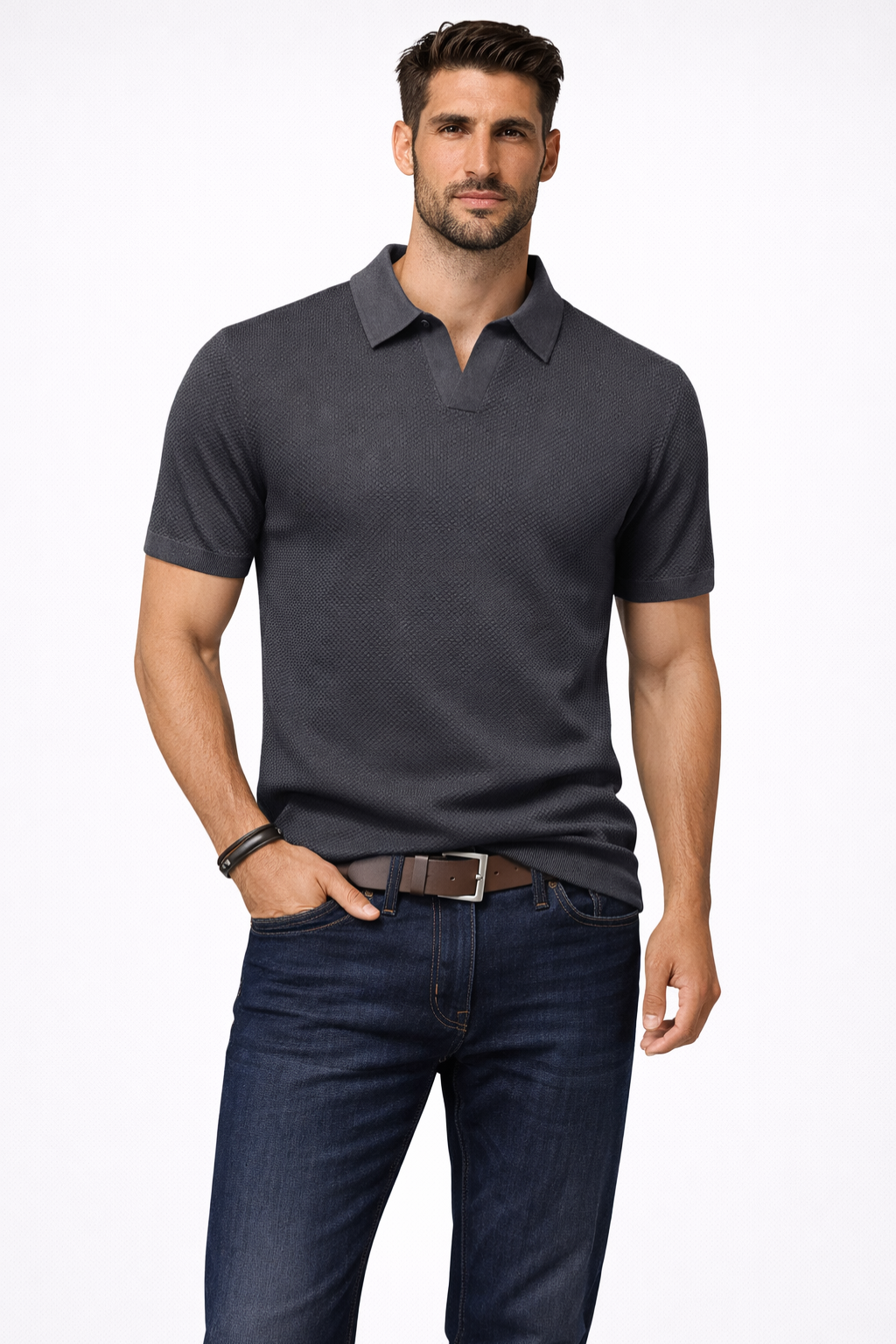 Men's Textured Knit Short Sleeve Polo Shirt - Casual Wear, Comfortable Fit