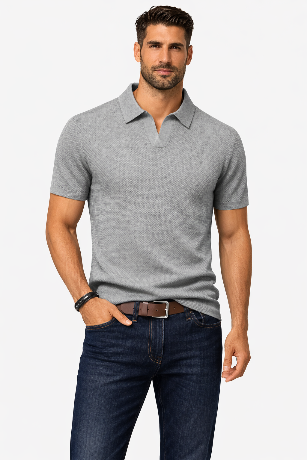 Men's Textured Knit Short Sleeve Polo Shirt - Casual Wear, Comfortable Fit