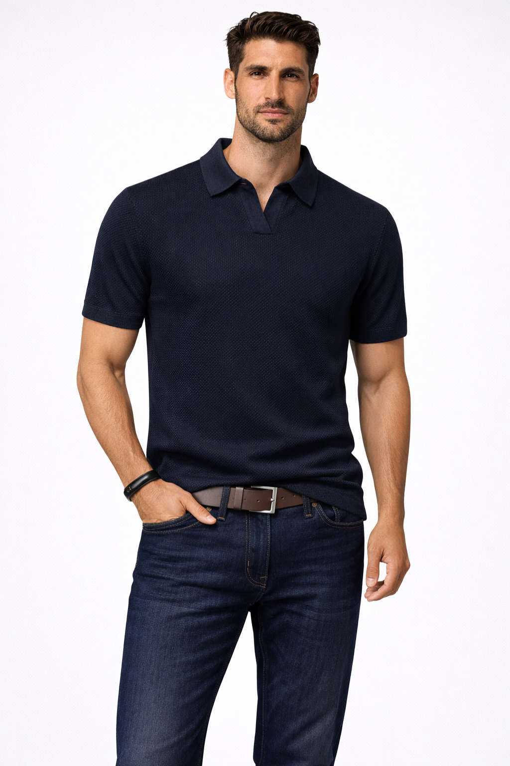 Men's Textured Knit Short Sleeve Polo Shirt - Casual Wear, Comfortable Fit