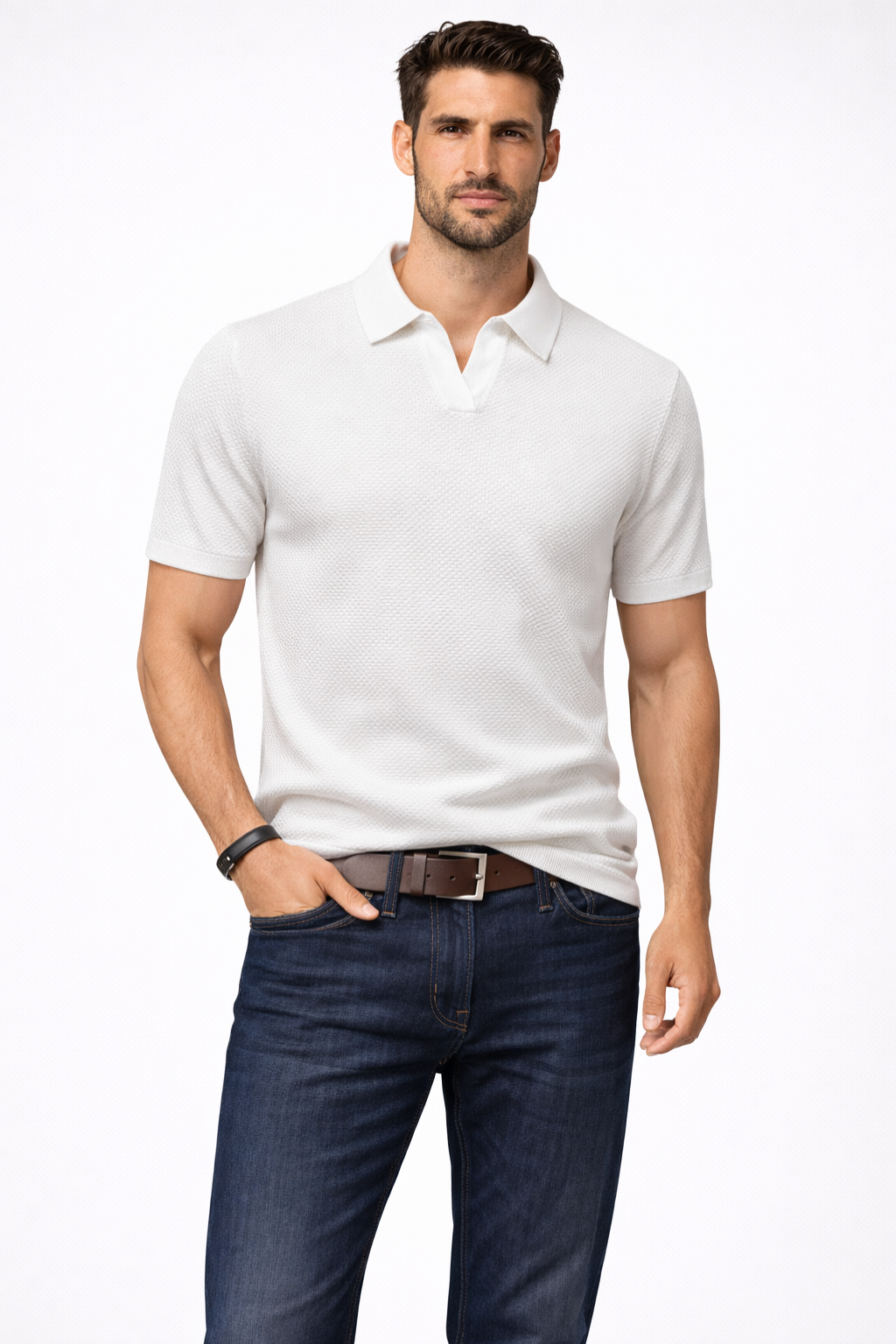 Men's Textured Knit Short Sleeve Polo Shirt - Casual Wear, Comfortable Fit