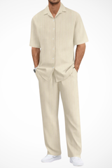 Men's Textured Short Sleeve Shirt and Straight Leg Trousers Summer Outfit