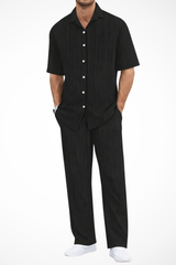 Men's Textured Short Sleeve Shirt and Straight Leg Trousers Summer Outfit
