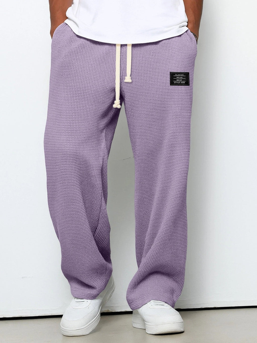 Men's Waffle-Textured Full-Length Pants with Drawstring, Side Pockets, and Wide Legs for Casual Wear