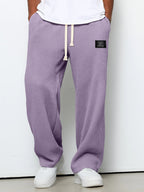 Men's Waffle-Textured Full-Length Pants with Drawstring, Side Pockets, and Wide Legs for Casual Wear