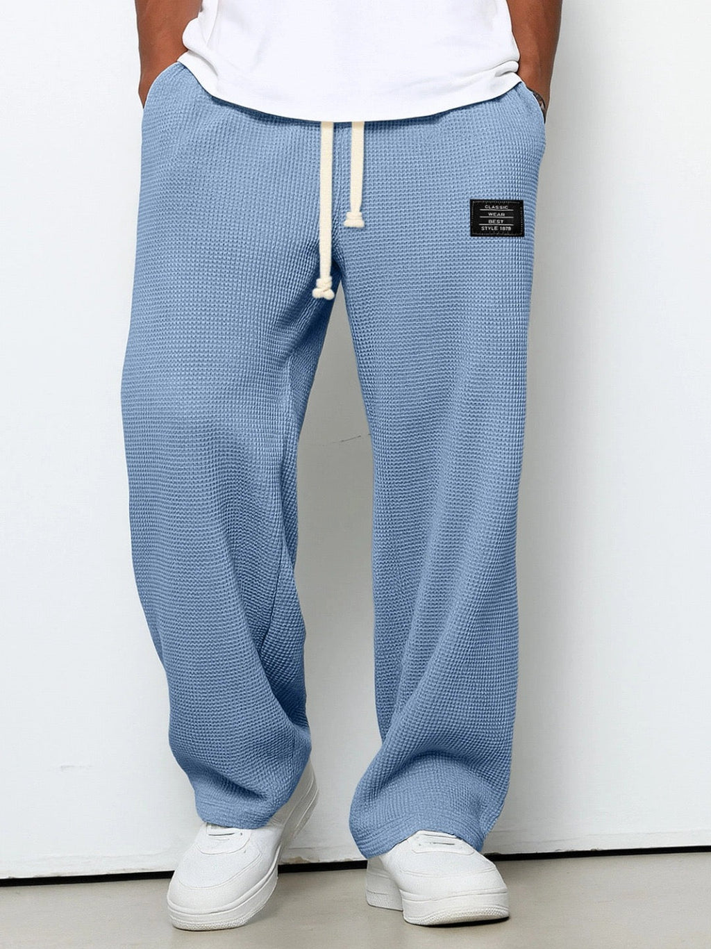Men's Waffle-Textured Full-Length Pants with Drawstring, Side Pockets, and Wide Legs for Casual Wear
