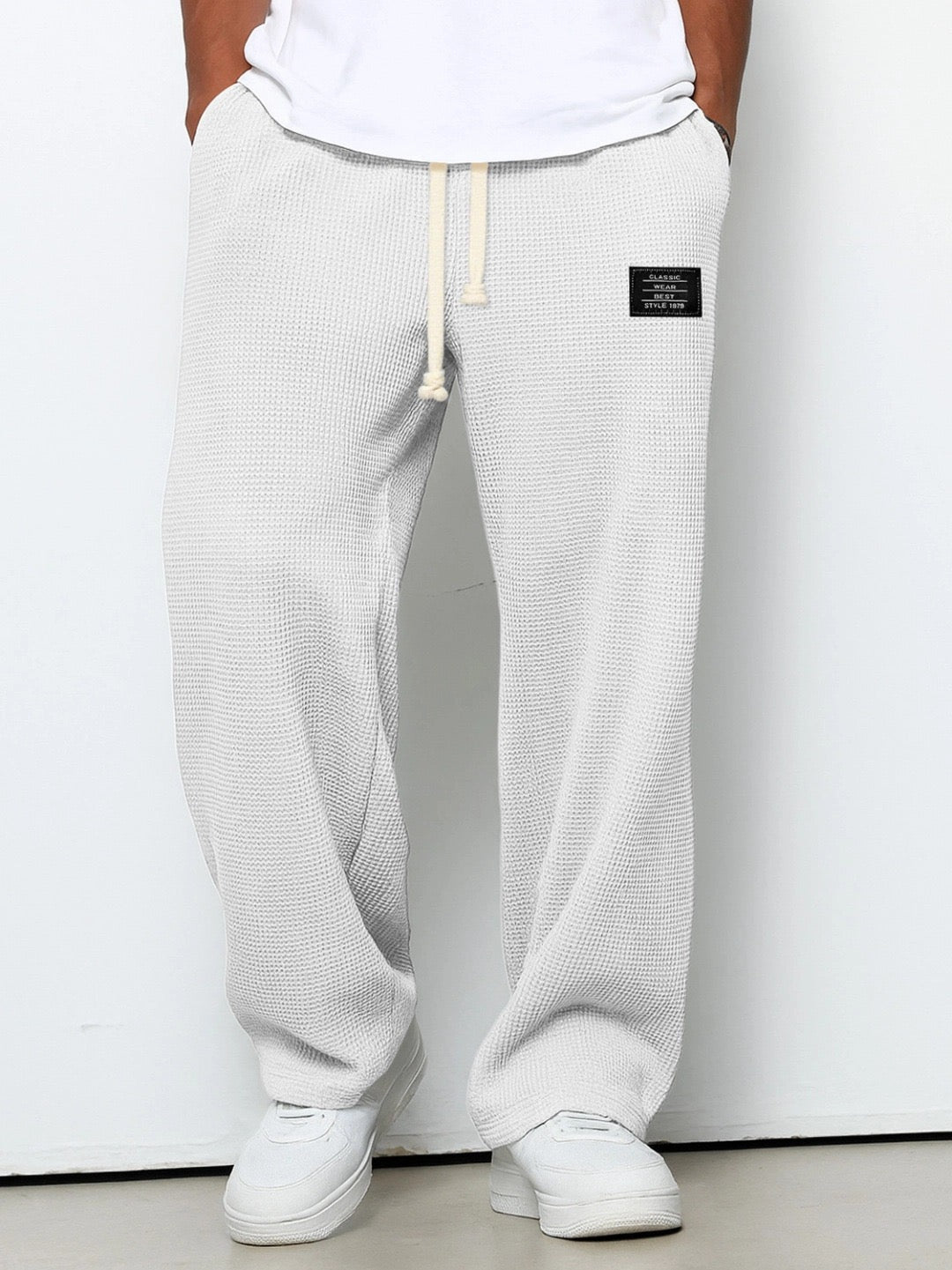 Men's Waffle-Textured Full-Length Pants with Drawstring, Side Pockets, and Wide Legs for Casual Wear