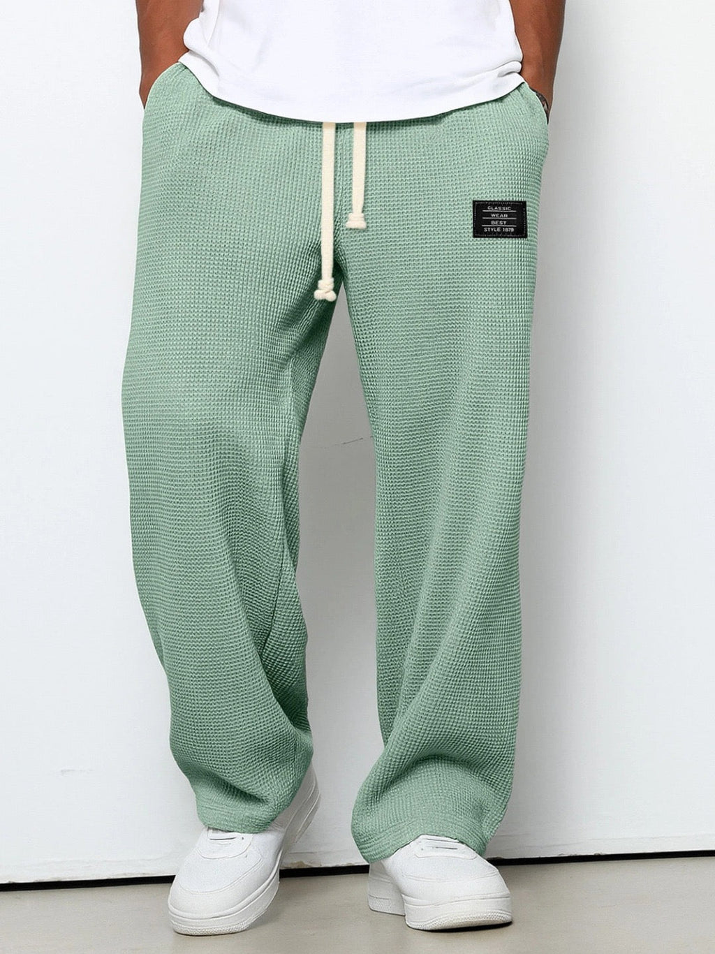 Men's Waffle-Textured Full-Length Pants with Drawstring, Side Pockets, and Wide Legs for Casual Wear