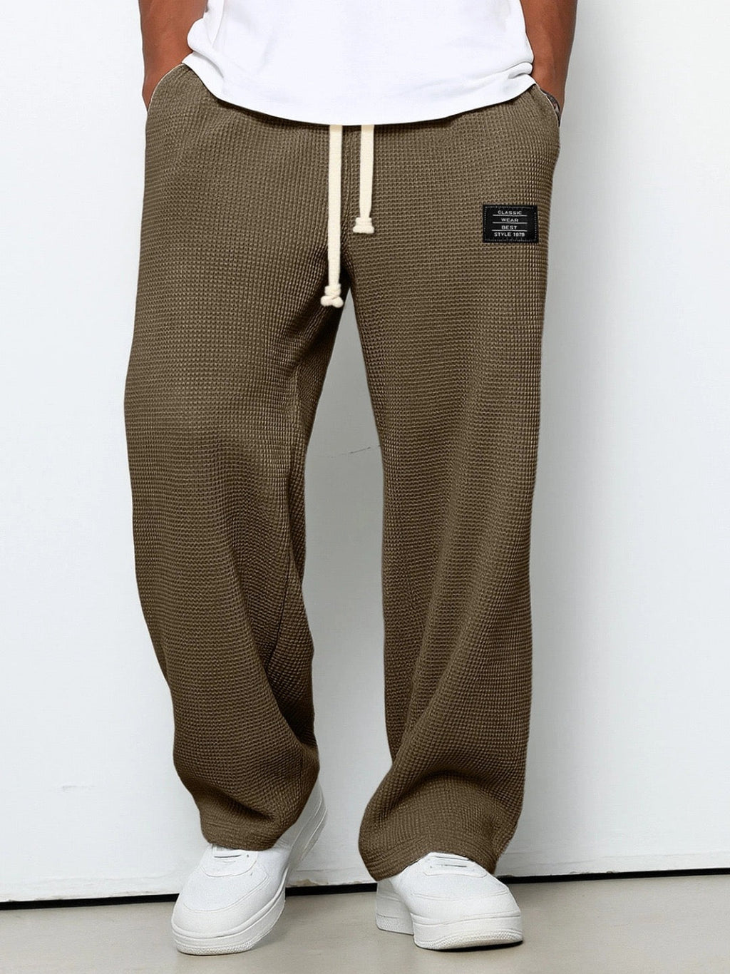 Men's Waffle-Textured Full-Length Pants with Drawstring, Side Pockets, and Wide Legs for Casual Wear