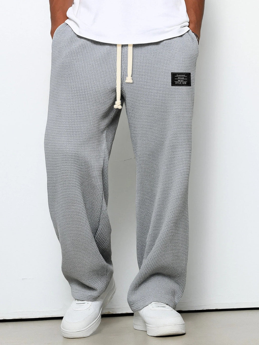 Men's Waffle-Textured Full-Length Pants with Drawstring, Side Pockets, and Wide Legs for Casual Wear