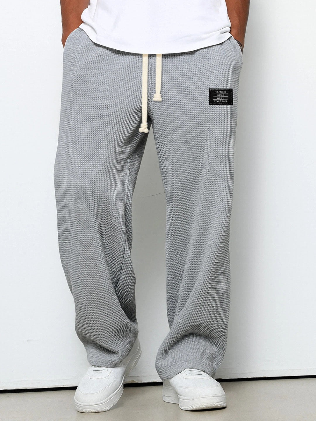 Men's Waffle-Textured Full-Length Pants with Drawstring, Side Pockets, and Wide Legs for Casual Wear
