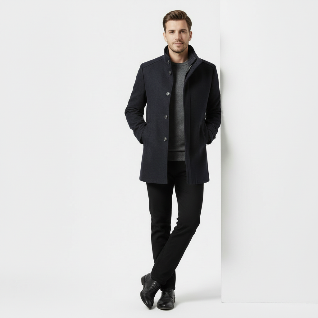 Men's Wool-Blend Stand-Collar Coat with Removable Padded Vest for Versatile Cold Weather Wear