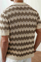 Men's Zigzag Crochet Knit Polo Shirt | Short Sleeve Button Front Design