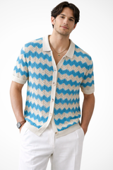 Men's Zigzag Crochet Knit Polo Shirt | Short Sleeve Button Front Design