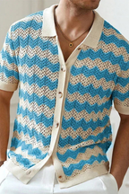 Men's Zigzag Crochet Knit Polo Shirt | Short Sleeve Button Front Design