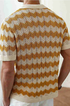 Men's Zigzag Crochet Knit Polo Shirt | Short Sleeve Button Front Design