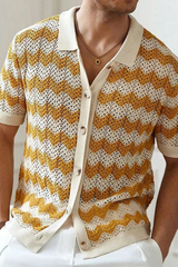 Men's Zigzag Crochet Knit Polo Shirt | Short Sleeve Button Front Design