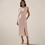 Midi Dress with Button Detail and Side Slit - Casual Elegant Women's Wear