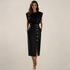 Midi Dress with Button Detail and Side Slit - Casual Elegant Women's Wear