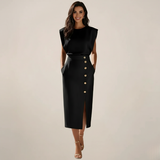 Midi Dress with Button Detail and Side Slit - Casual Elegant Women's Wear