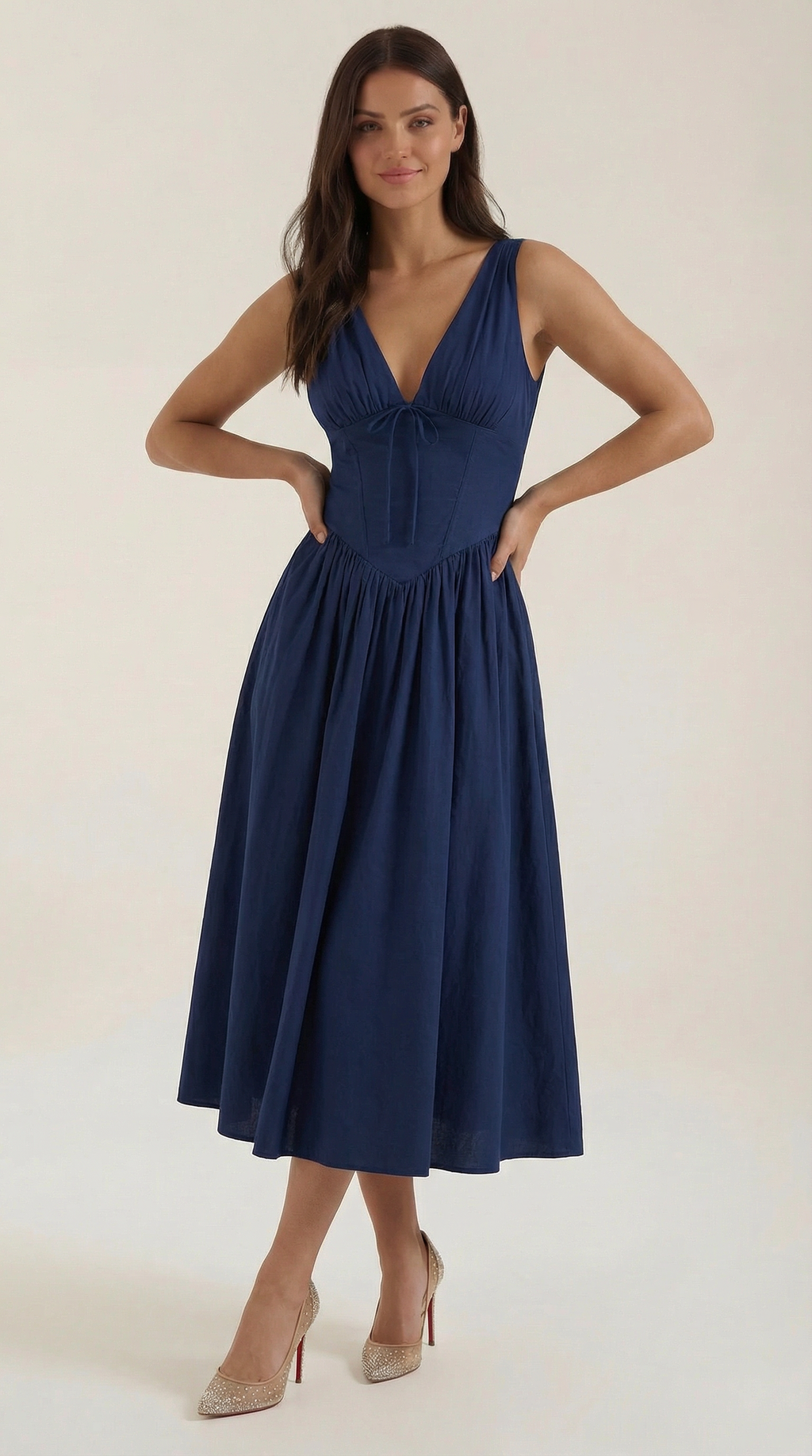 Midi Plunge Dress in Soft Fabric - Elegant Casual Wear for Parties and Events