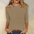Women's Round Neck Three-Quarter Sleeve T-Shirt – Brown
