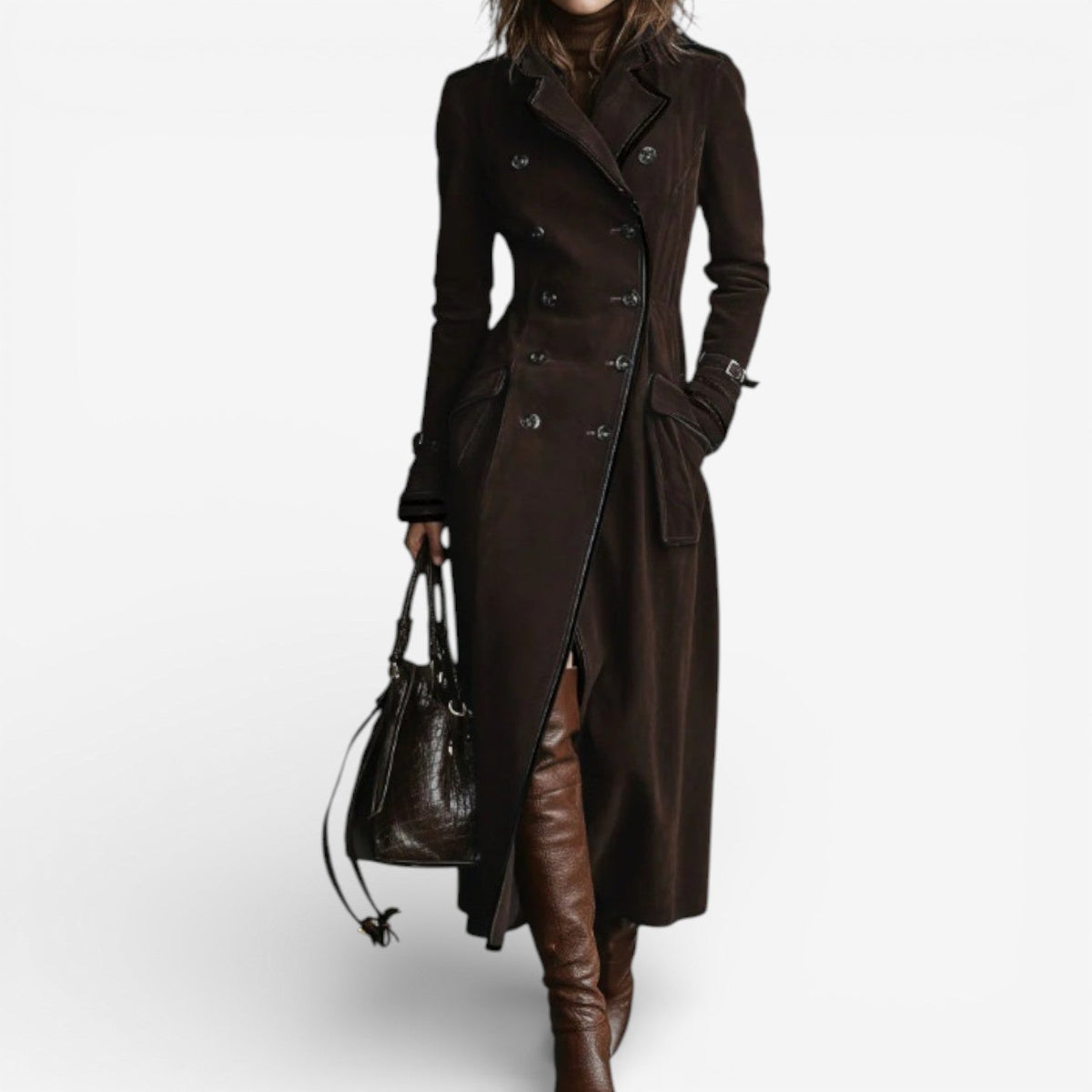 Women's Double-Breasted Suede-Look Trench Coat – Maroon