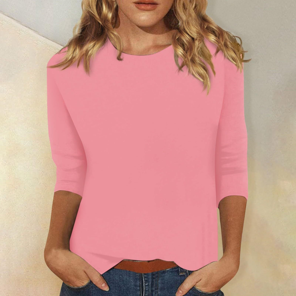 Women's Round Neck Three-Quarter Sleeve T-Shirt – Pink