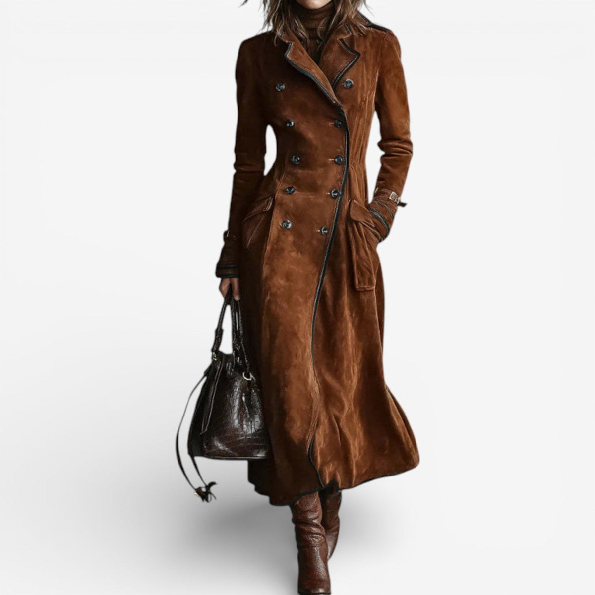 Women's Double-Breasted Suede-Look Trench Coat – Dark Brown