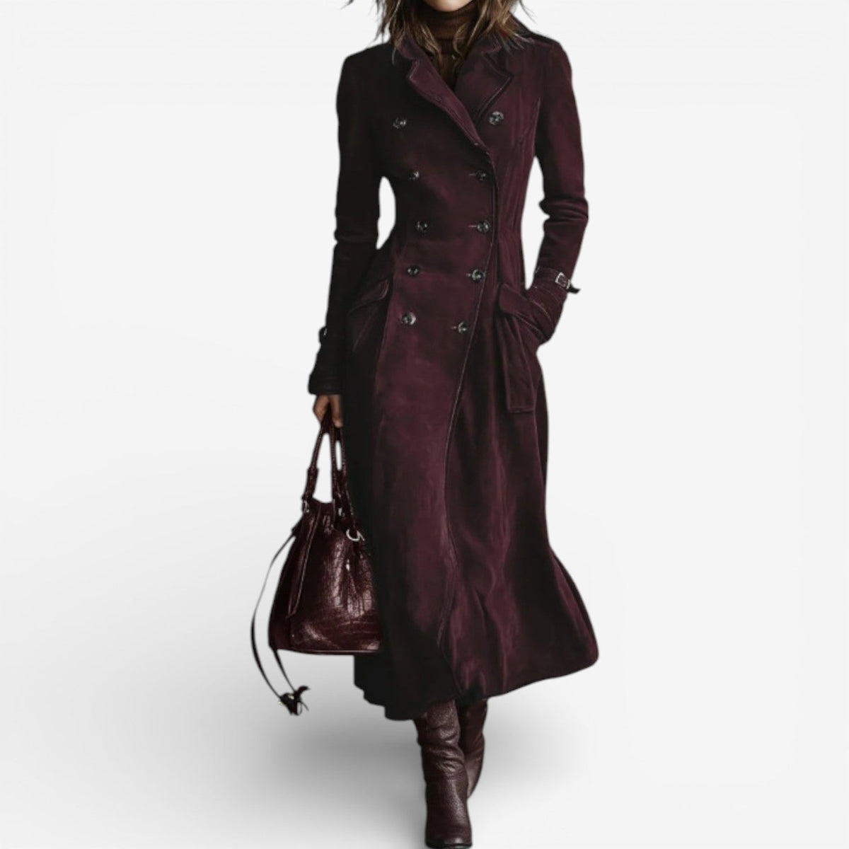 Women's Double-Breasted Suede-Look Trench Coat – Deep Red