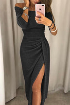 Off-Shoulder Midi Dress for Women - Long Sleeve, Front Slit Design - Perfect for Parties and Special Occasions