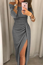 Off-Shoulder Midi Dress for Women - Long Sleeve, Front Slit Design - Perfect for Parties and Special Occasions