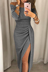 Off-Shoulder Midi Dress for Women - Long Sleeve, Front Slit Design - Perfect for Parties and Special Occasions