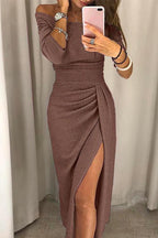 Off-Shoulder Midi Dress for Women - Long Sleeve, Front Slit Design - Perfect for Parties and Special Occasions