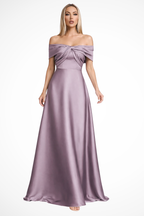Off Shoulder Satin Pleated Maxi Dress for Women - Wedding Guest Attire