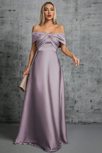 Off Shoulder Satin Pleated Maxi Dress for Women - Wedding Guest Attire