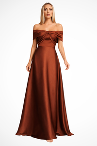 Off Shoulder Satin Pleated Maxi Dress for Women - Wedding Guest Attire