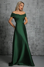 Off Shoulder Satin Pleated Maxi Dress for Women - Wedding Guest Attire