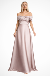 Off Shoulder Satin Pleated Maxi Dress for Women - Wedding Guest Attire
