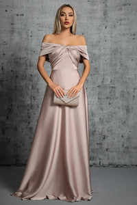 Off Shoulder Satin Pleated Maxi Dress for Women - Wedding Guest Attire