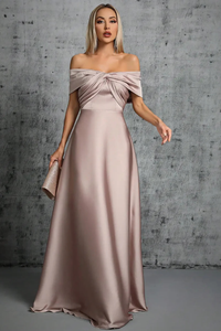 Off Shoulder Satin Pleated Maxi Dress for Women - Wedding Guest Attire