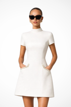 Pearl Trim Mini Dress with Pocket Detail for Women - Elegant Casual Wear