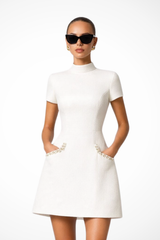 Pearl Trim Mini Dress with Pocket Detail for Women - Elegant Casual Wear