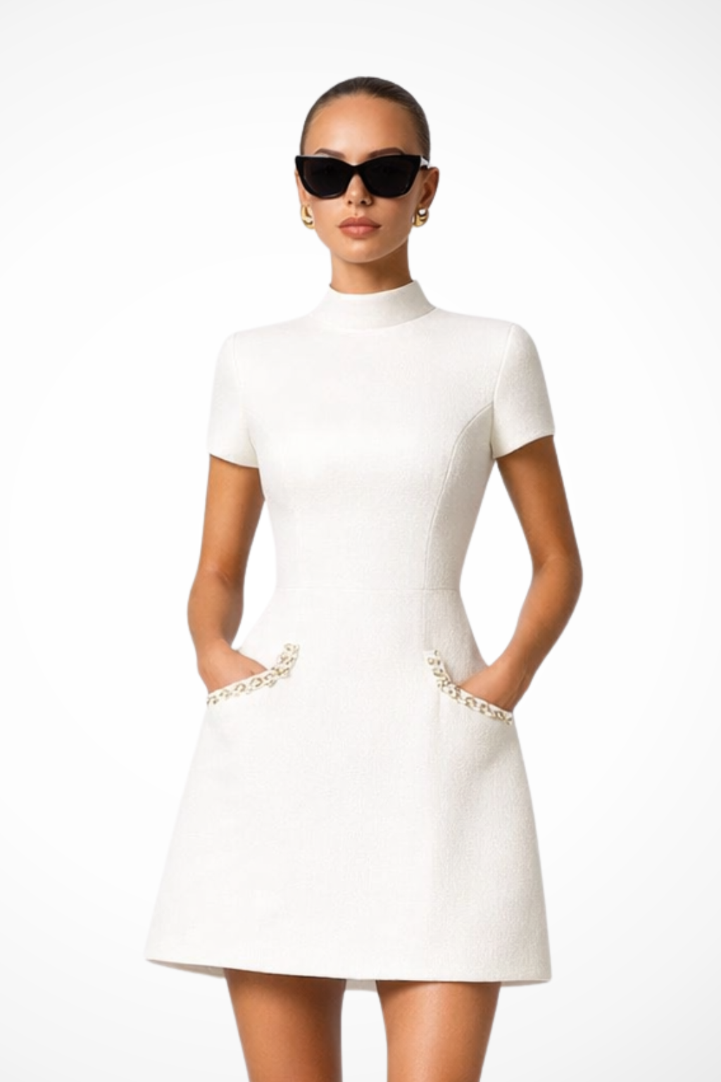 Pearl Trim Mini Dress with Pocket Detail for Women - Elegant Casual Wear