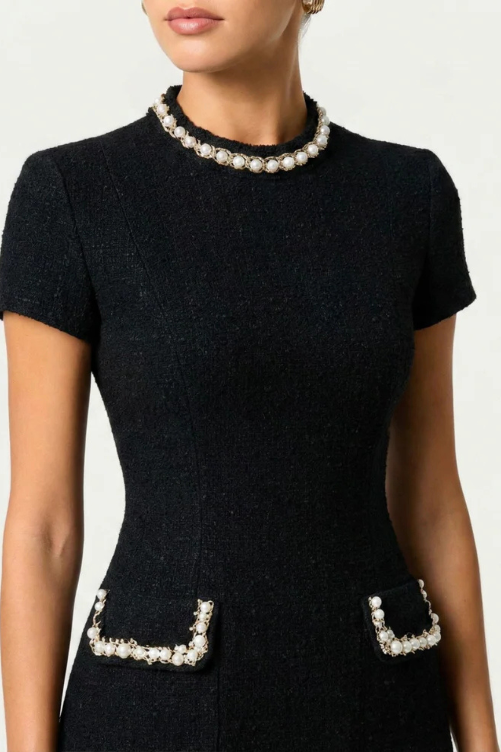 Pearl Trim Mini Dress with Pocket Detail for Women - Elegant Casual Wear