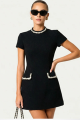 Pearl Trim Mini Dress with Pocket Detail for Women - Elegant Casual Wear