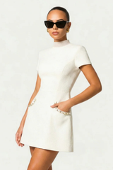 Pearl Trim Mini Dress with Pocket Detail for Women - Elegant Casual Wear