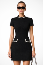 Pearl Trim Mini Dress with Pocket Detail for Women - Elegant Casual Wear