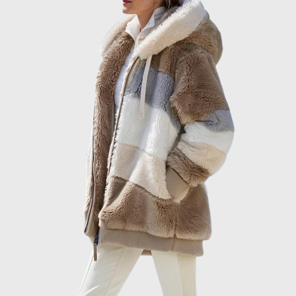 Women's Striped Fleece Puffer Jacket – Brown Stripes