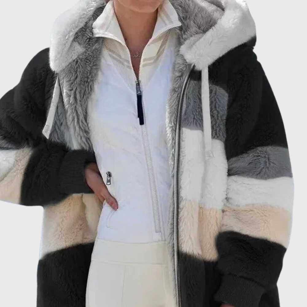 Women's Striped Fleece Puffer Jacket – Black Stripes